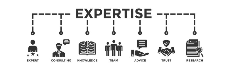 Expertise banner web icon vector illustration concept representing high-level knowledge and experience with an icon of expert, consulting, knowledge, team, advice, trust, and research