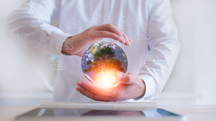 Sustain earth day concept hands holding protecting global with a tree and co2 emission icons....