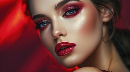 Fototapeta premium A Captivating Close-Up of a Woman with Striking Red Makeup