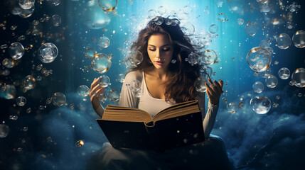 A woman underwater surrounded by bubbles, opening a book that emits ethereal light.