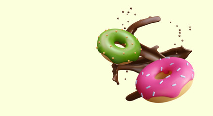 Placard with yellow background and place for text. Realistic donuts with green and pink cream and splash of chocolate. Vector illustration in 3d style