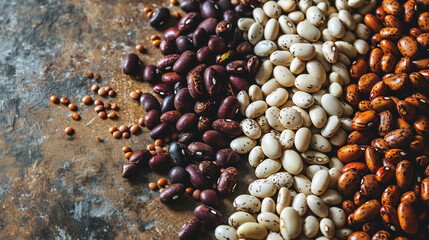 Various seeds isolated on textured background. Minimalist style and there is empty space on the side.