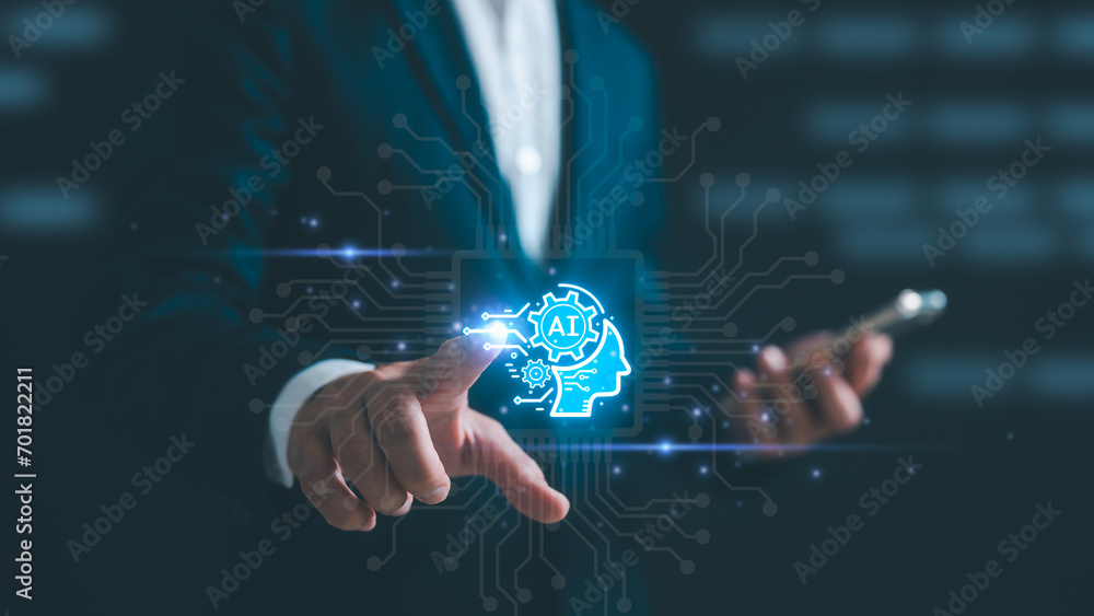Poster artificial intelligence ai technology and digital transformation concept, hands touching ai icon