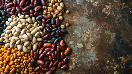 Various seeds isolated on textured background. Minimalist style and there is empty space on the side.