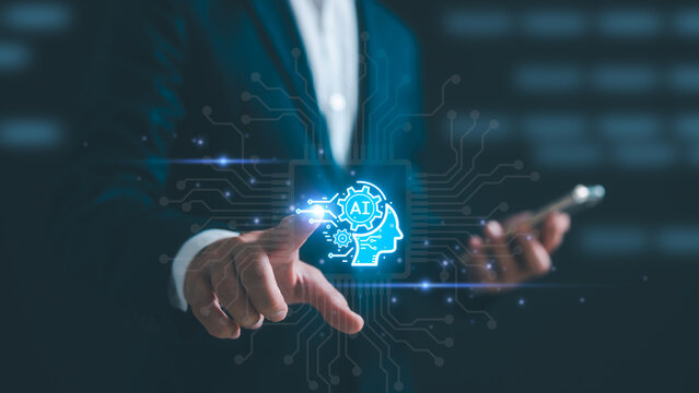 artificial intelligence AI technology and Digital transformation concept, hands touching  Ai icon