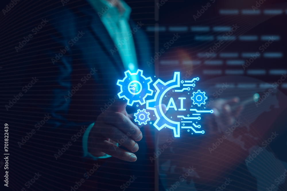 Poster artificial intelligence ai technology and digital transformation concept, businessman using smartpho