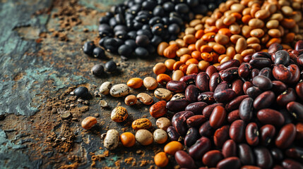 Various seeds isolated on textured background. Minimalist style and there is empty space on the side.