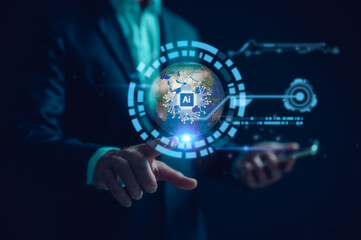 artificial intelligence AI technology and Digital transformation concept, businessman using smartphone and touching virtual global AI technology diagram
