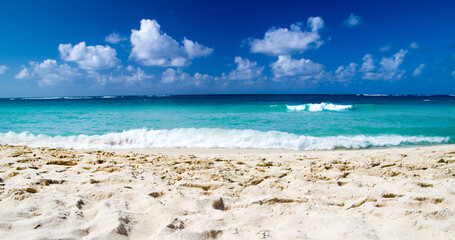 Tropical sea under the blue sky. Beach and tropical sea