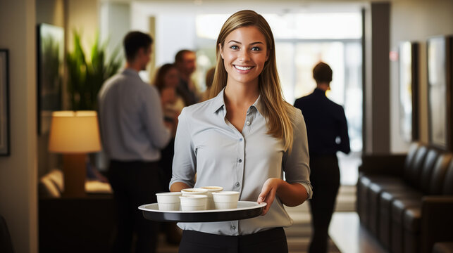 A young female intern bringing a tray of coffee cups to a meeting room, everyone looks impressed.