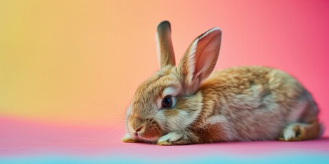 Obraz premium Cute little ginger bunny on gradient colorful background. Easter concept