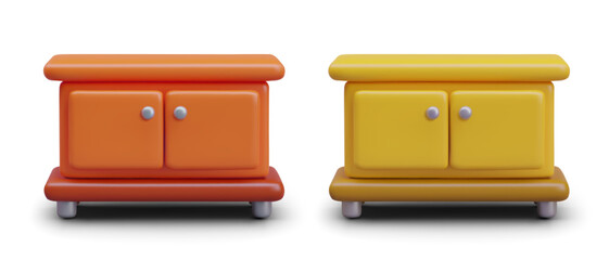 Set with realistic cabinet with two doors in yellow and orange colors. Composition with home furniture concept. Vector illustration in 3d style with white background