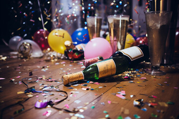 A room in disarray after a night of celebration, with colorful balloons, empty bottles and confetti on the floor. A mess left after a fun birthday party. AI-generated