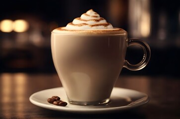 A Cup of hot cappuccino on the table