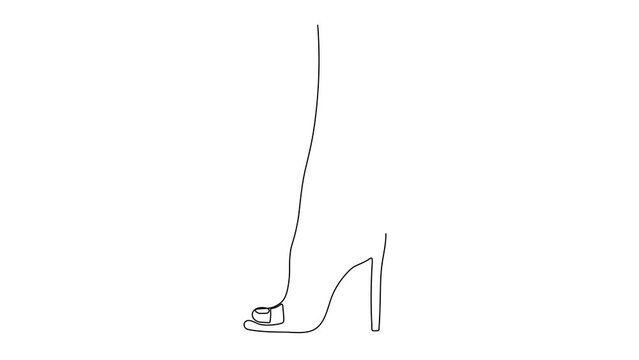 Self drawing animation with one continuous line draw,
a woman's foot in a sandal, shoes with a heel. logo of a woman, shoe store