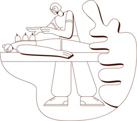 Wellness cupping vacuum back massage with professional massage therapist in spa. Contour drawing. Isolated vector illustration.