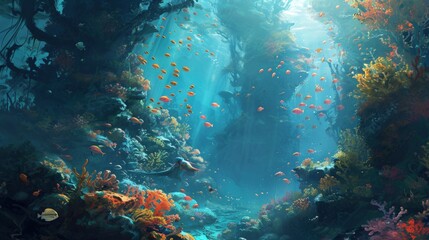 A Painting of a Underwater Scene With Corals and Fish