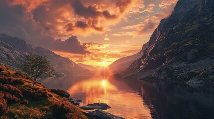 Sunset Over a Majestic Mountain Lake