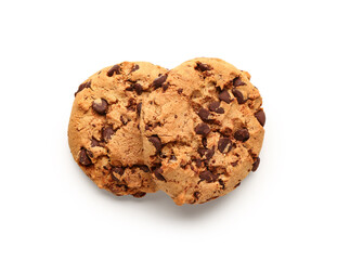 Tasty cookies with chocolate chips on white background