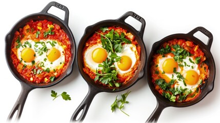 Three Cast Iron Skillets with Eggs