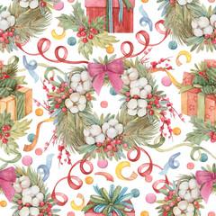 New Year Christmas seamless pattern with Christmas wreath, confetti, gifts, mistletoe painted in watercolor on white background. Festive print for wrapping paper, textiles, wallpaper, stationery.