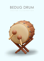 Religious musical instrument on blue background. Poster with bedug drum and place for text. Celebrating Ramadan time concept. Vector illustration in 3d style