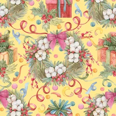 Sierkussen New Year Christmas seamless pattern with Christmas wreath, confetti, gifts, mistletoe drawn in watercolor on yellow background. Festive print for wrapping paper, textiles, wallpaper, stationery. © Maria Kviten