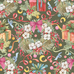 New Year Christmas seamless pattern with Christmas wreath, confetti, gifts, mistletoe drawn in watercolor on a green background. Festive print for wrapping paper, textiles, wallpaper, stationery.
