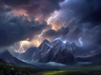 Storm over rugged mountains. Generative AI.
