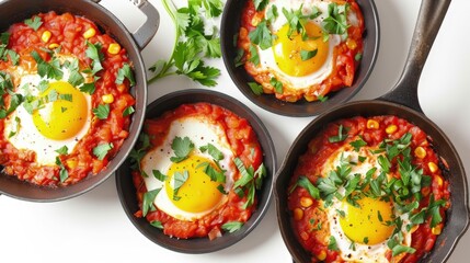 Four Cast Iron Skillets Filled With Baked Eggs