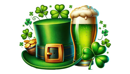 A Green Hat, Two Glasses of Beer and clovers for Saint-Patrick  isolated on white background