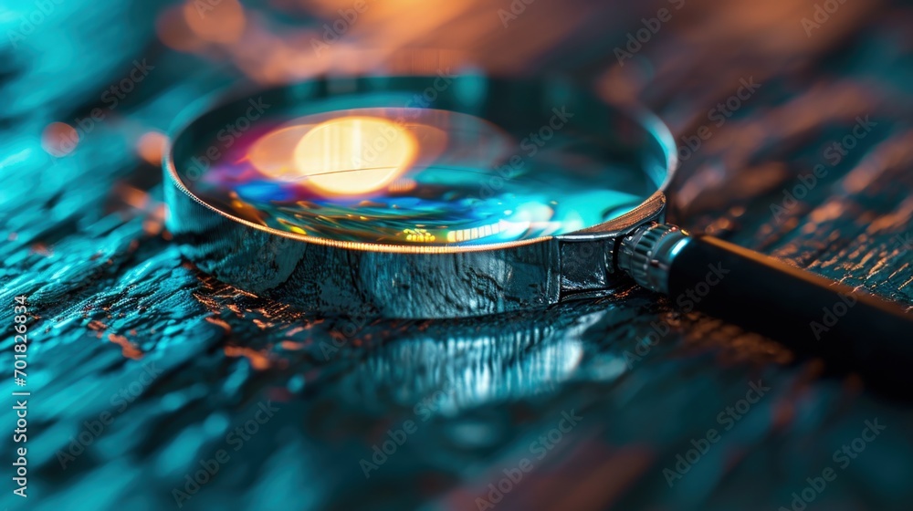 Poster a close-up view of a magnifying glass on a table