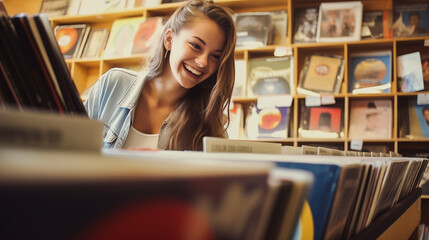 A teenager girl enthusiastically flipping through vinyl records in an old-fashioned record store. - obrazy, fototapety, plakaty