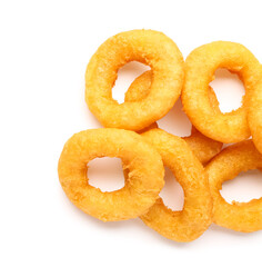 Fried breaded onion rings on white background