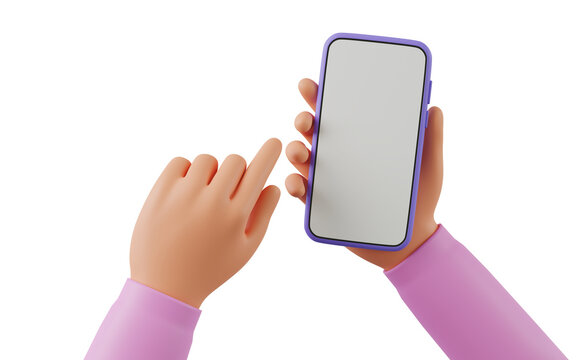 3D cartoon hand using smartphone, 3D render illustration