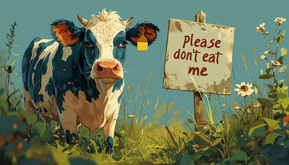 Cute sad cow by sign with the text "please don't eat me'' Cross Cut of Animal Meat with banned import, contaminated, no eating of meat like vegans or more. Cute animation. Meat industry,vegetarian 
