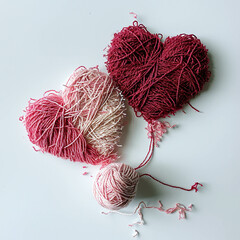 Two hearts made of yarn symbolizing love and romance, valentines day art