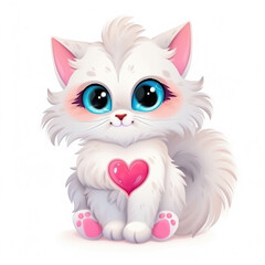 Adorable white kitten with heart romantic love valentines day