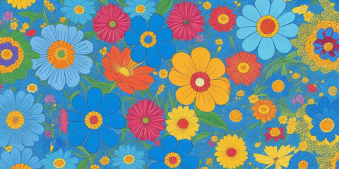 Seamless colourful Flower Leaf Pattern Floral Wallpaper in blue Background Vector Design. Decorative Fabric Illustration. Spring Textile Retro Vintage Decoration Art.Nature Abstract Texture Graphic