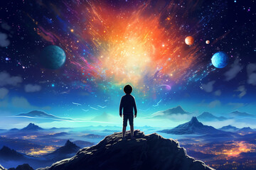  A little boy standing on top of a mountain in front of a illustration of galaxy with stars planets and space dust in the universe