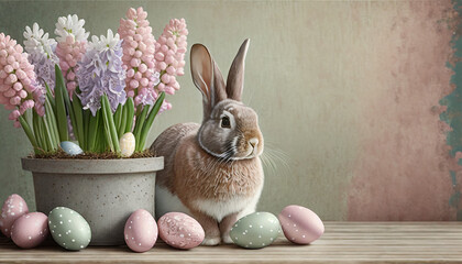 Easter background in shades of gray and pink with a bunny, Easter eggs and spring flowers