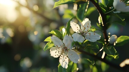 Blossoming branch of a peach tree on a background of blue sky