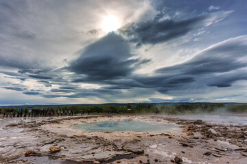 Strokkur Geyser eruption, natural hot spring pulsing in national park