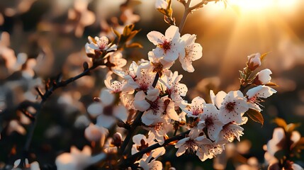 Beautiful blooming peach tree in the garden in the rays of the setting sun