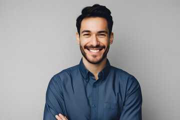 Obraz premium Handsome smiling business man in blue shirt isolated on gray background