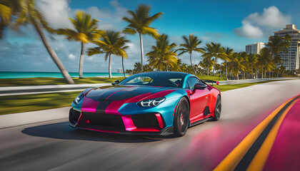 A sports car drives quickly along the ocean beach, speed, Miami, palm trees and road, - obrazy, fototapety, plakaty