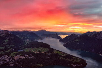 Viewpoint of Fronalpstock with sunset sky and Lake Lucernce at Schwyzer alps, Switzerland