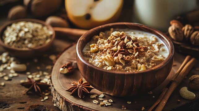 Oatmeal with apples and nuts in a baking dish on a wooden background