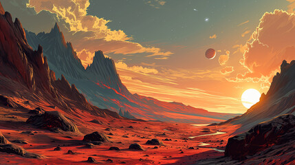 Spaceship On Martian Landscape. Illustration of a cartoon spaceship landing on martian red desert landscape - obrazy, fototapety, plakaty