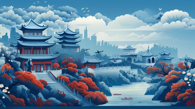 Fototapeta classic blue chinese style scene with mountain and traditional building for poster and wallpaper